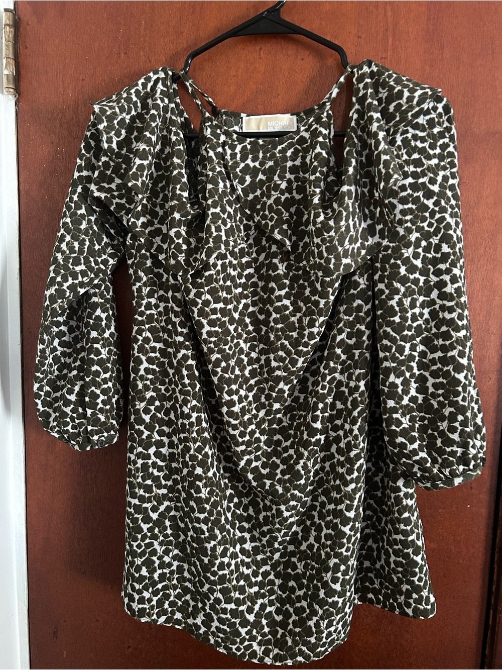 Michael Kors Olive Green and White Printed Ruffle Neck Tunic